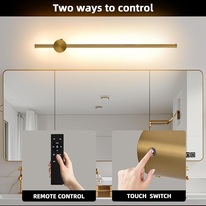 Battery Operated Wall Sconce USB Rechargeable Sconces, 23.6" Brushed Gold Wireless Wall lamp Set of 2, 3000K-6000K & Dimming with Remote Control, LED Wall Lights for Living Room, Bedroom
