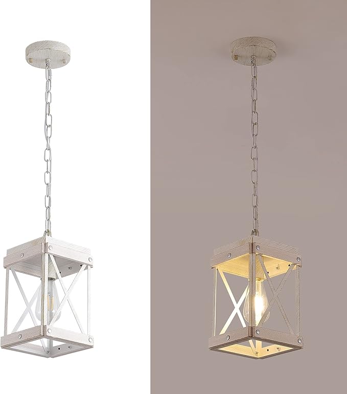 Fivess Lighting Modern Farmhouse Antique White Distressed Pendant Light with Wood and Metal Cage, One-Light Adjustable Chains Rustic Mini Pendant Lighting Fixture for Kitchen Island Cafe Bar