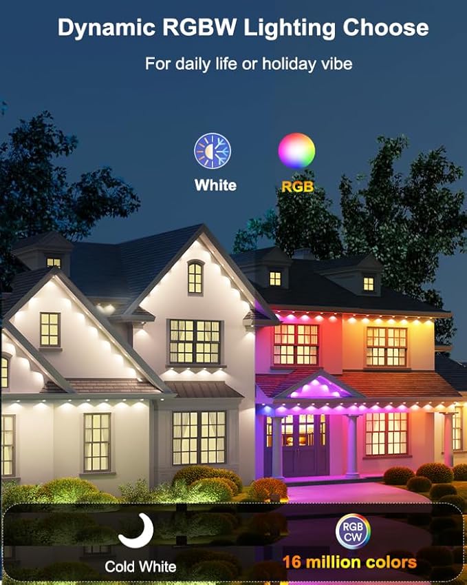 Permanent Outdoor Lights for House, 100ft 60LED Smart RGBW+IC Outdoor Christmas Lights with APP/Remote Control, DIY Scene, IP67 Waterproof Under Eaves Lighting for Holiday & Daily Decor