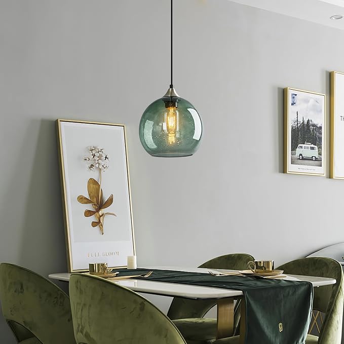 Gray Green Glass Pendant Lights Kitchen Island Lighting Globe Pendant Light Fixtures Modern Pendant Lighting for Kitchen Island Bedroom Living Dining Room Light Fixture(7.87in, 3-Pack)
