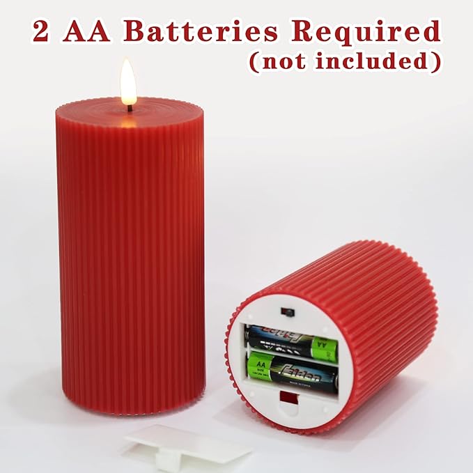 Red Ribbed Flameless Pillar Candles with Remote, Flickering LED Wax Candles Battery Operated Set of 2