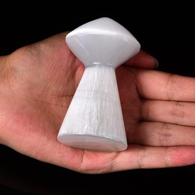 JIC Gem USB Selenite Lamp White Mushroom Small Selenite Crystal Lamp 3.1 Inch with Wooden Light Stand Base