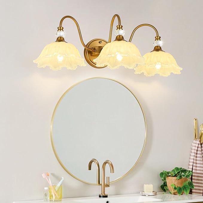 Vintage Bathroom Vanity Light, 3-Light Matte Brass Finish Vanity Light with Floral Yellow Glass Shades, Retro Wall Sconce for Bathroom, Dressing Table