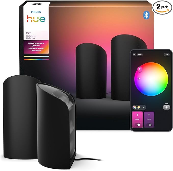 Philips Hue Play Smart Wall Washer, 2-Pack, Black, White & Color LED Lights with ColorCast Technology, Wall Washer Lighting Compatible with Bluetooth