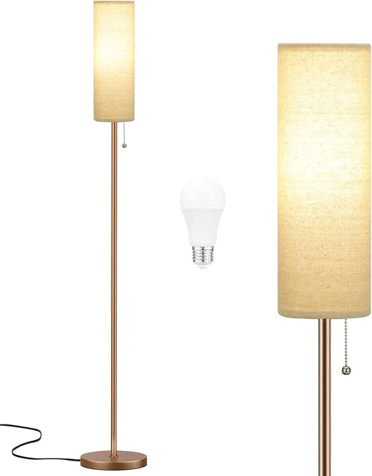 Ambimall Floor Lamp for Living Room with 3 Color Temperatures Bulb, 64" Standing lamp with Linen lampshade for Bedroom, Minimalist Pole Lamp, Dark Beige Shade & Brown Pole