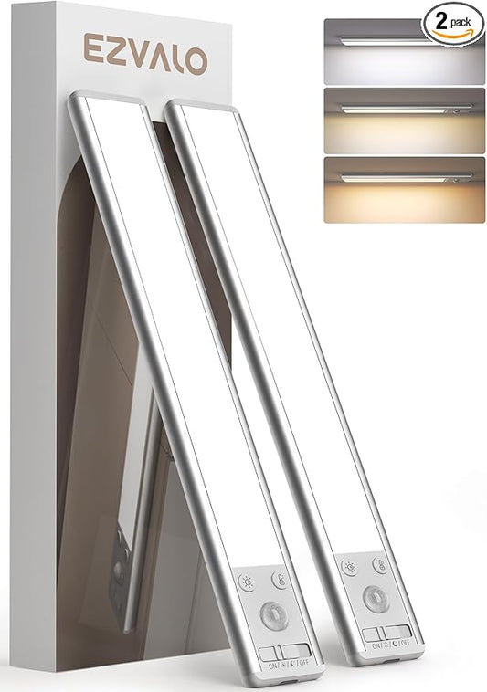 EZVALO 8" Under Cabinet Lighting, 2400mAh USB-C Rechargeable Motion Sensor Light, 3 Color Temps, 5-Level Dimmable Magnetic Wireless Closet Lights for Kitchen, Pantry, Stairs (2 Pack)