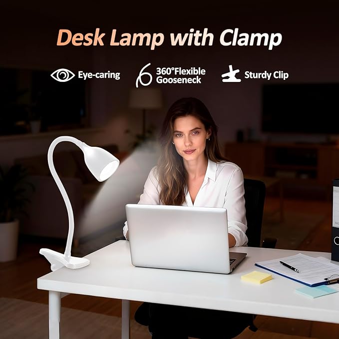 Desk Lamp for Home Office - Clip on Reading Light and Bed Headboard Clamp Lamp, Bedside Gooseneck Table Lamp, Clip on Desk Lamps, Eye-Caring Desk Lamp for College Dorm Room Study Lamp, White