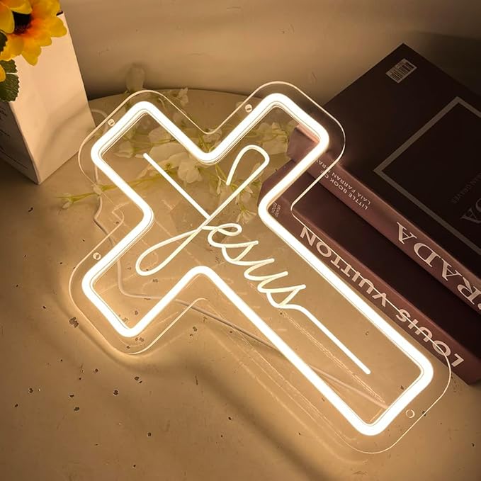 YYUAN Jesus Cross Neon Sign Dimmable Led Neon Light Cross Art Decor Neon Cross Sign for Wall Decor, Bedroom, Christian Decor, Religious Room, Kid Room, Easter, Christening Day Decor