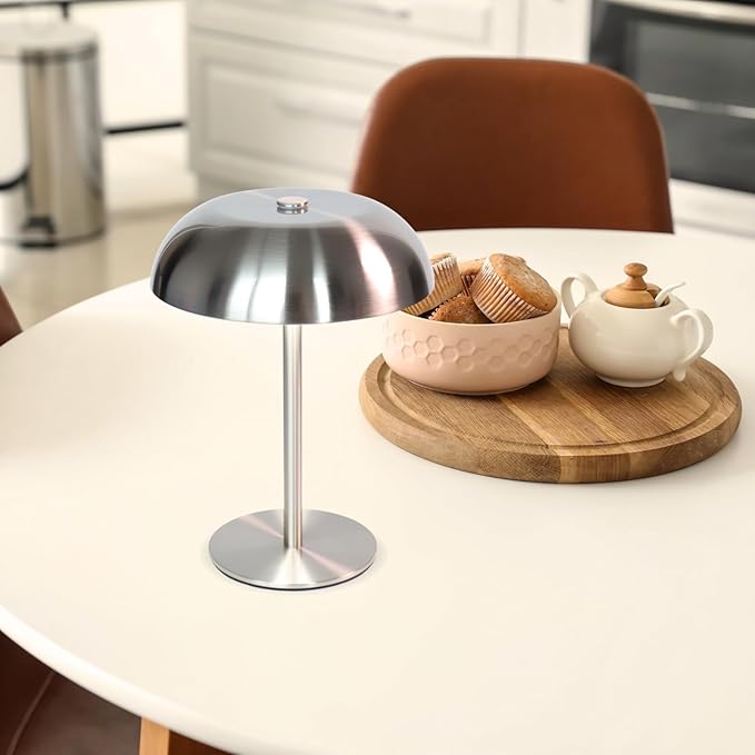 Portable LED Mushroom Table Lamp, 8.46'' Small Cordless Desk Night Light with 5200mAh Rechargeable Battery, Stepless Dimming Lamp with 3 Colors for Bedroom/Bar/Coffee Shop (Silver)