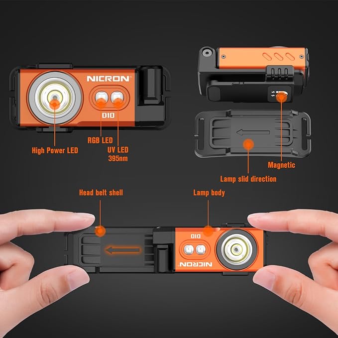 NICRON D10 Rechargeable Flashlights, 500 High Lumens EDC Mini Flashlight with Magnet 360° Rotation, RGB&UV Lights, IP54 Waterproof, Flexible Headlamp for Camping Fishing Hiking(Orange)