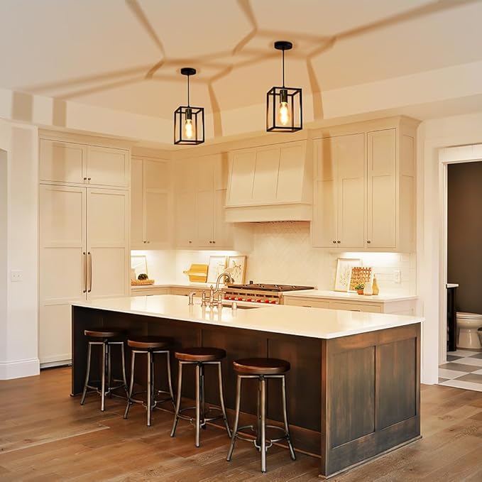 2 Pack Farmhouse Black and Gold Pendant Lights, Hanging Lamps for Living Room Entryway Foyer Indoor, Cage Lantern Kitchen Island Dining Room Light Fixture, Modern Matte Black Industrial Iron Light