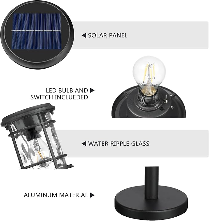 Emliviar Solar LED Outdoor Floor Lamp Waterproof IP43, Auto On/Off Portable Deck Pole Light Fixture, Exterior Black Post Lantern with Water Ripple Glass, XE229PL-S-ML SL BK