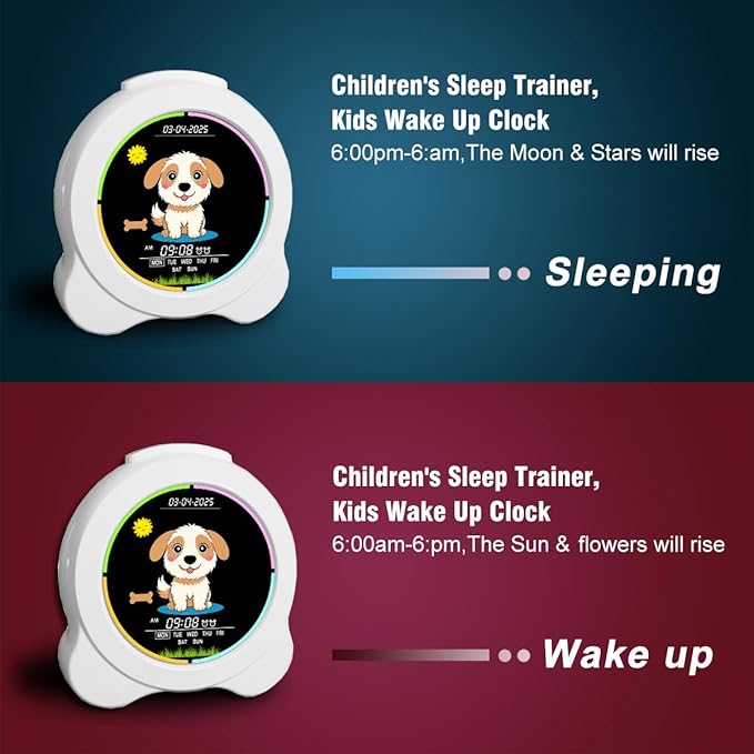 Kids Alarm Clock Sun & Moon& Dog LED Display with Day & Date OK to Wake Clock with Night Light for Kids Children's Sleep Trainer Gift for Boy and Girls