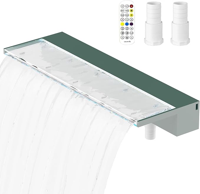 Acrylic Pool Fountain Waterfall with LED Lights - 23.6" LED Strip Remote Control with 18 Colors, Smooth Water Flow & Cascade Blade, Easy Installation for Outdoor, Garden, Patio & Ponds