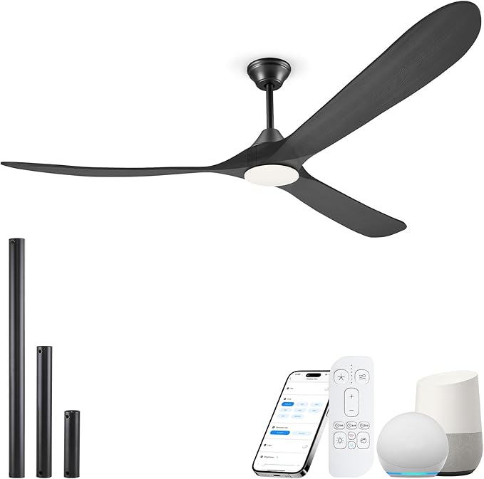 70 Inch Smart Ceiling Fan with Light, 3 Wood Blade Large Black Ceiling Fan with Light, Quiet Reversible DC Motor Ceiling Fans with Remote/Tuya App, Compatible with Alexa Google Home, Indoor & Outdoor