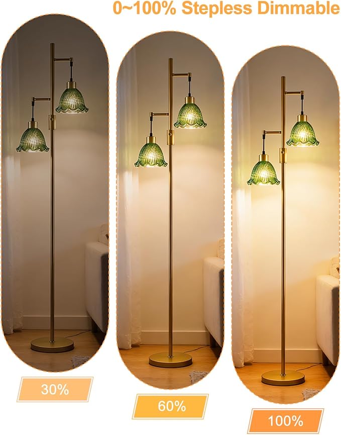 65IN Glass Floor Lamp, 2-Light Gold Tall Standing Lamps Dimmable with Green Glass Lampshade, 3000K Warmwhite Mid Century Modern Floor Lamp for Living Room/Bedroom/Sofa Beside/Home Decor