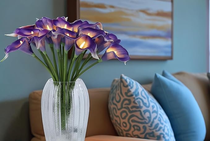 20pcs Lighted Artificial Calla Lily Bouquet Light Faux Floarl Night Light Real Touch Flower Night Lamp LED Calla Lily lighted Artificial Flower for Holiday Gifts Home Kitchen Decor(Purple, No Vase)