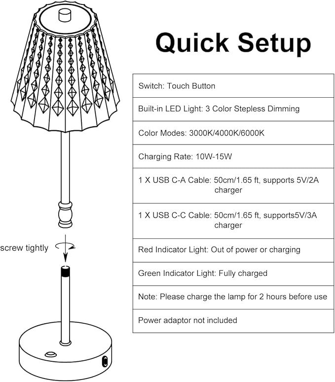 Cordless Table Lamp, 5000mAh Rechargeable Battery Operated Portable Lamp, Dimmable+3 Colors LED Touch Control, Vintage Crystal Lamp for Bedroom, Kitchen, Bar, Office