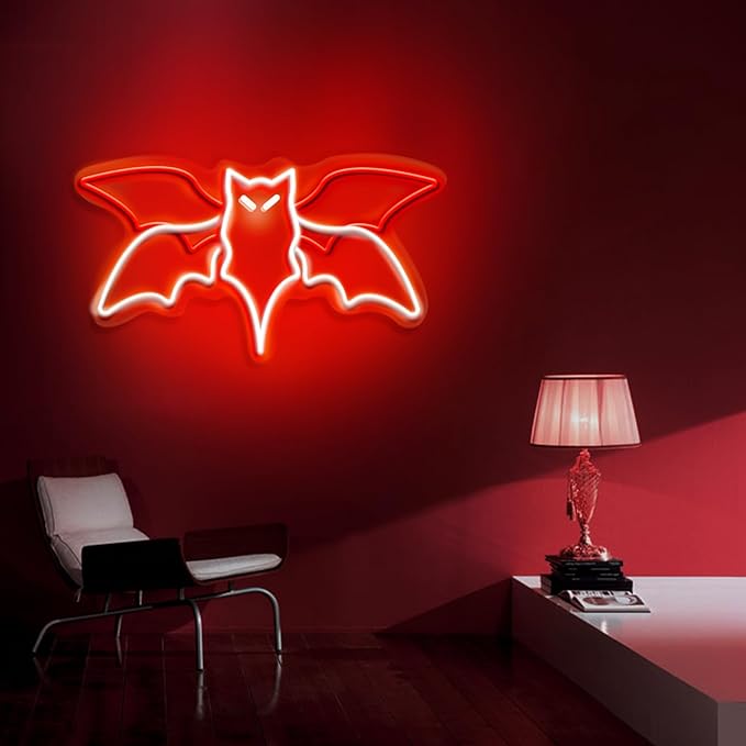 Flying Bat Neon Sign – Halloween LED Wall Light for Gothic Room, Witchcraft Decor, Horror Party, Bedroom & Bar Wall Art, 15" x 7.7"
