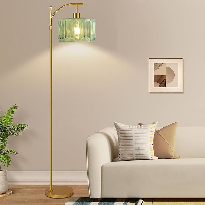 Glass Floor Lamp for Living Room,Bedroom,Gold Mid Century Modern Standing Lamp with Remote,Dimmable Brass Tall Lamp Vintage Retro Green Arc Flower Floor Light Boho Bohemian