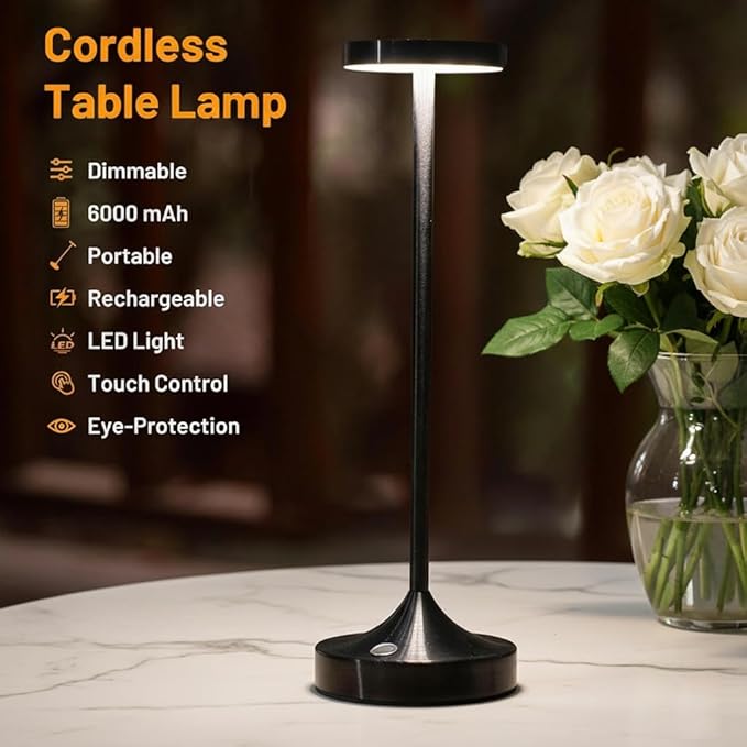 Cordless Table Lamp Rechargeable - 6000mAh LED Battery Operated Table Light - Portable Touch Dimmable Outdoor Waterproof Table Lamps for Patio Restaurant Dining (Black)