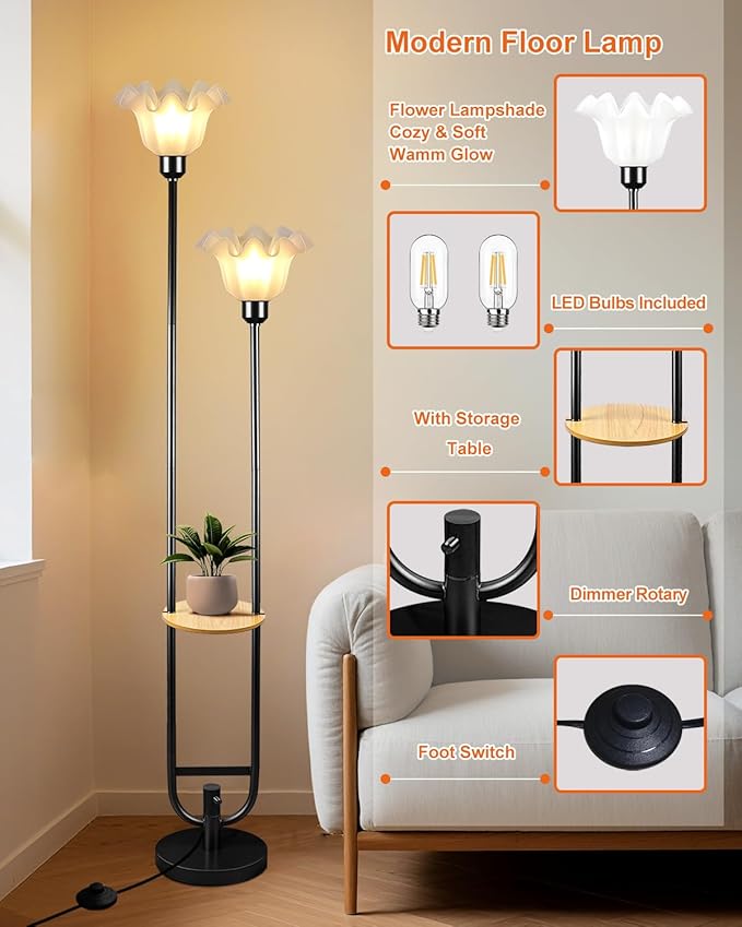 Lightdot Dimmable Flower Floor Lamp for Living Room, Modern Mid Century Floor Lamp with Table, Black Tall Standing Lamp for Bedroom/Sofa Beside/Corner Decor(Bulb Included)