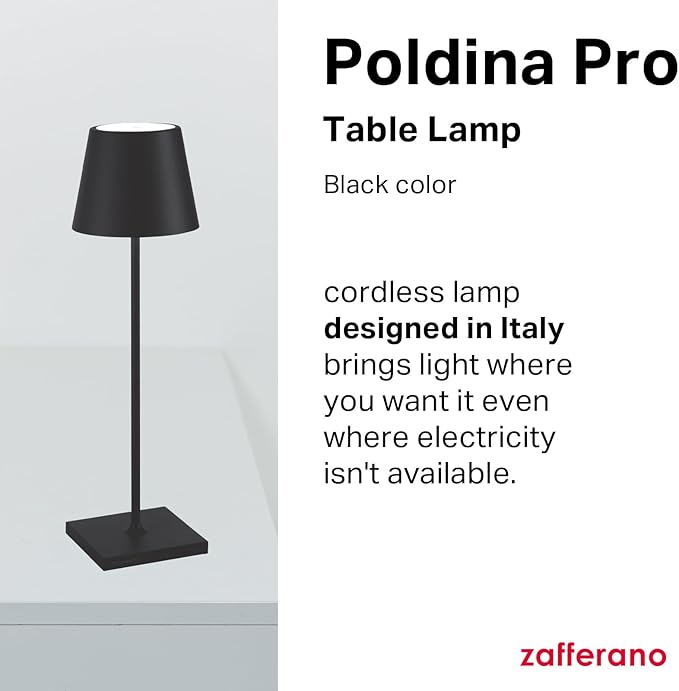 Zafferano, Poldina Pro Lamp, Rechargeable Cordless Table Lamp with Touch Controls, Suitable for Indoor and Outdoor, Dimmer, 2200-3000 K, Height 14.9 Inches, Black Color