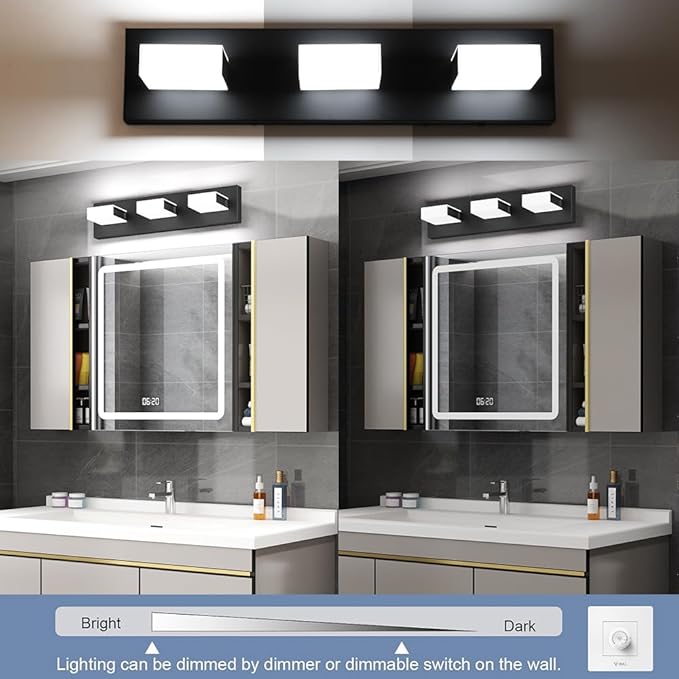 Aipsun 5 Color Temperature 3 Lights Black Vanity Lights Dimmable Acrylic Modern LED Black Bathroom Vanity Lighting Fixtures