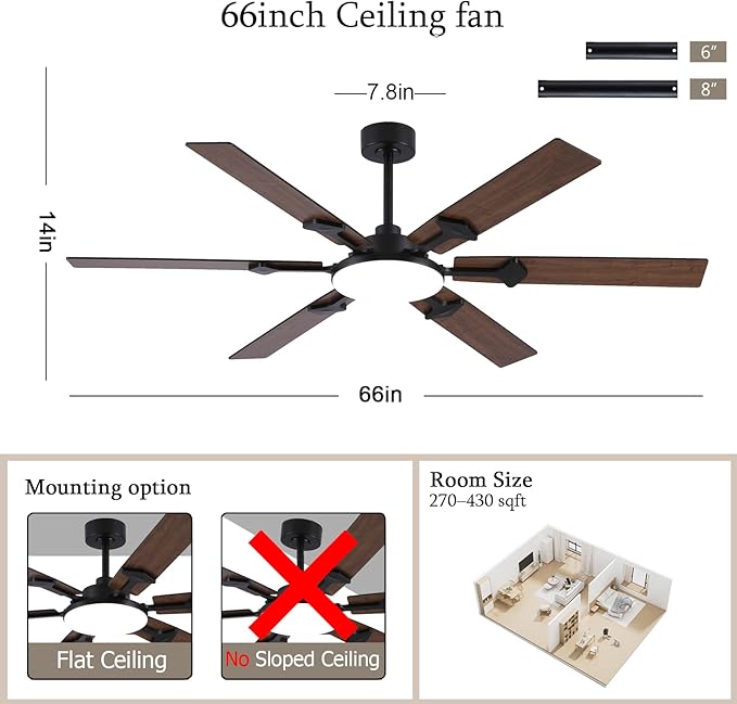 66 Inch Brown Ceiling Fan with Lights, Modern Large Ceiling Fan with Remote & APP Control, Reversible DC Motor, 6 Double-Sided Blades, 6 Speeds, Silent, Timer, for Living Room Indoor & Outdoor