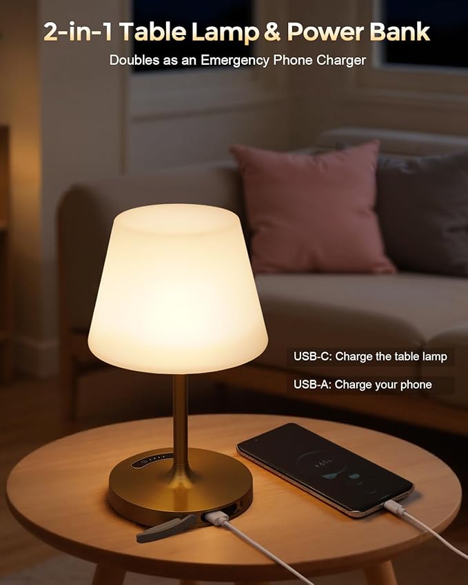 Cordless Touch Table Lamp, 4000mAh Rechargeable Small Desk Lamp with 3 Color Temperatures & Stepless Dimming, Portable LED Bedside Lamp for Bedroom, Living Room, Patio & Camping, Gold