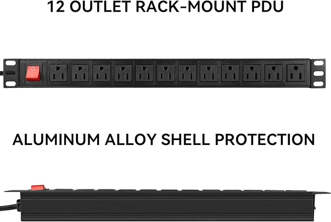 BTU Power Strip Surge Protector Rack-Mount PDU, 12-Outlet Power Strip with Switch, Metal Mountable Heavy Duty for Server Racks, Garage, Shop Workbench, Industrial Commercial Use (Black 6FT)