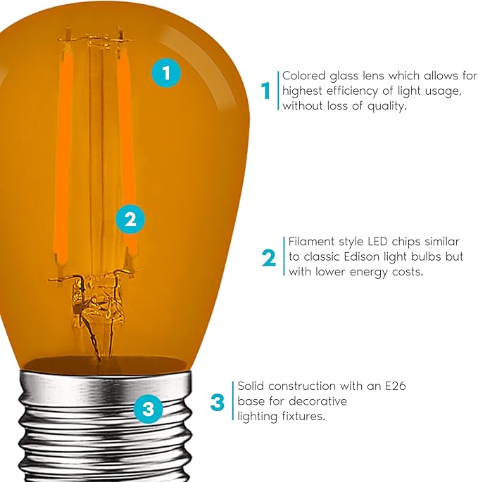 LUXRITE S14 Edison LED Orange Light Bulb, 0.5W, Colored LED Bulbs for Outdoor String Lights, UL Listed, E26 Base, Indoor Outdoor, Decoration, Party, Holiday, String Light Replacement Bulbs (6 Pack)