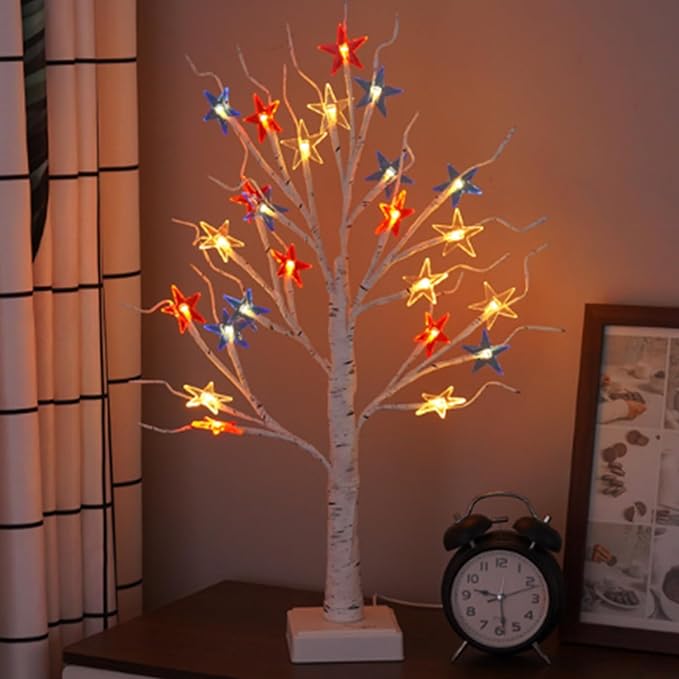 24 LED Tabletop Tree Light Artificial Tree Lamp for 4th of July Independence Day Room Bedroom Office Decor,Mini White Birch Tree Fake Twinkle Trees Lamp with a Timer 3 AA Battery or USB Powered