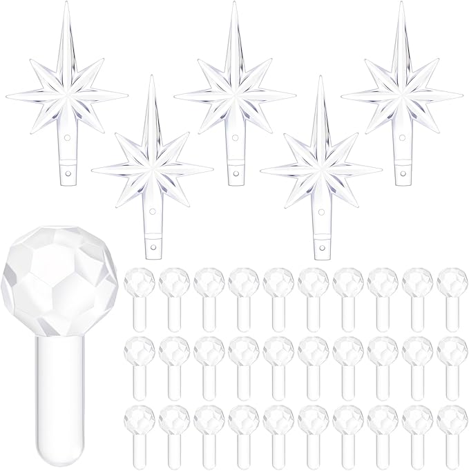 Boao 100 Pcs Ceramic Christmas Tree Bulbs with 5 Pcs Star Topper Light Ornaments Round and Heptagram Christmas Replacement Lights Bulbs for Village Xmas Tree Topper Decorations (Clear)