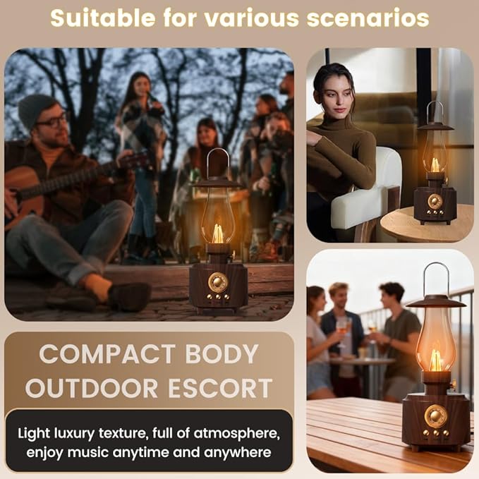 HomeBeyond Vintage Kerosene Table Lamp, Bedside Night Light with Bluetooth Speaker, Rechargeable Bedside Lights, IPX4 Waterproof Camping Lamp for Camping Party Holiday Home Decor Gift (Woodgrain)