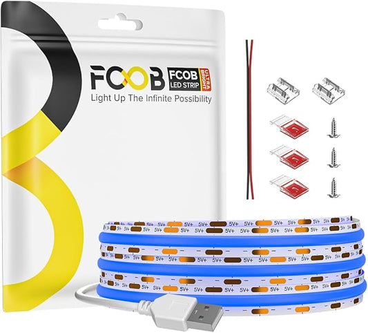 6.56FT/2M 5V USB LED Light Strip Blue Flexible High Density COB Strips 640LEDs, 8mm LED Tape for Under Cabinet Bedroom No Controller and Power