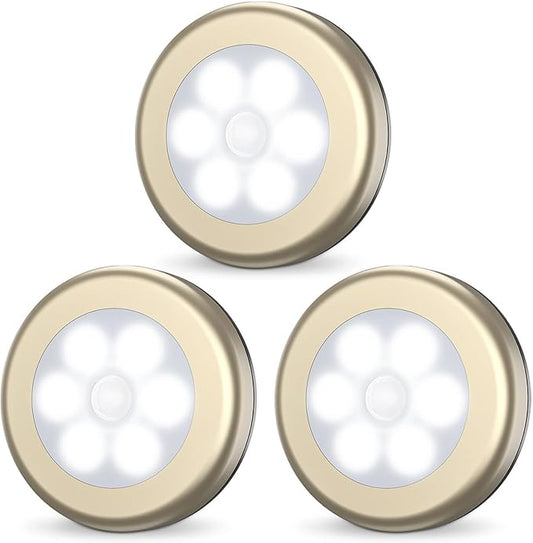 AMIR Upgraded 3.15” Motion Sensor Light Indoor, Cordless Battery Powered Stick on LED Night Lights for Closet, Stair, Under Cabinet, Hallway, Kitchen (Golden - White)