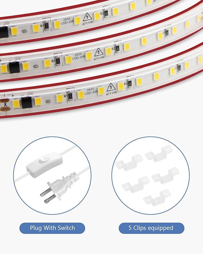 2M LED Strip Lights for Bedroom with Self-Adhesive AC 110V-120V Warm White 3000K Waterproof Outdoor Flexible LED Rope Light Super Bright Plug in With Switch 2835 120LED/M Tape Light for Home Decor