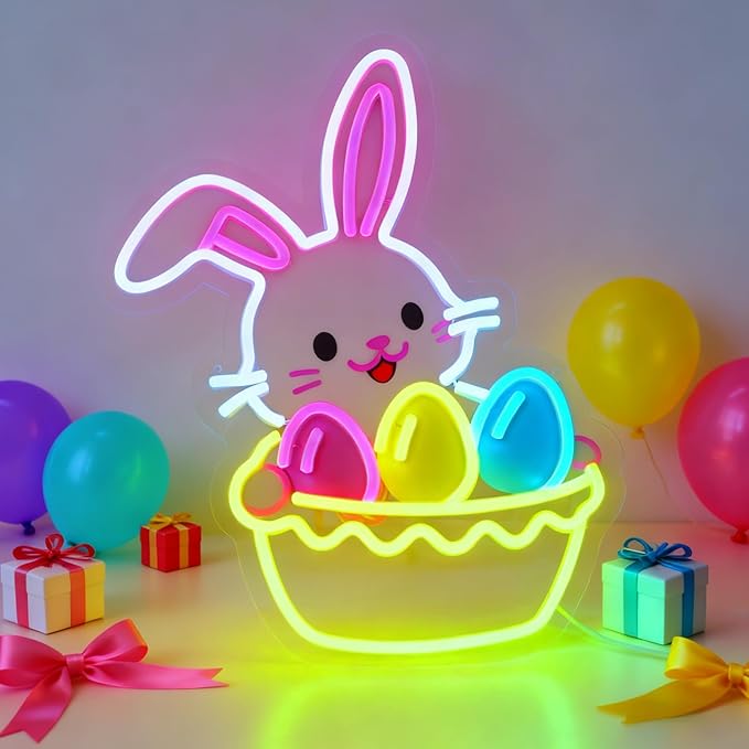 Easter Egg Basket Neon Sign with Bunny - Rabbit Holding Basket Wall Decor, 10-Level Dimmable LED Light, USB Powered Easter Basket Stuffers Gift, 15.7"x12.6"