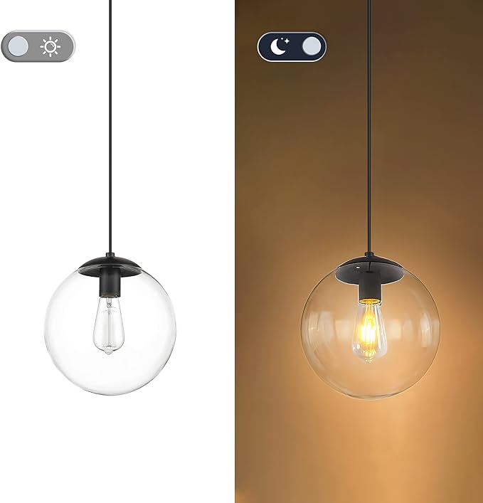KoKo&Yukina 6-inch mini Modern Globe Pendant Light Clear Glass with Black Finish Contemporary Mid Century Adjustable Hanging Light Fixture for Living Room Bedroom Kitchen Island (Bulb Incl.)