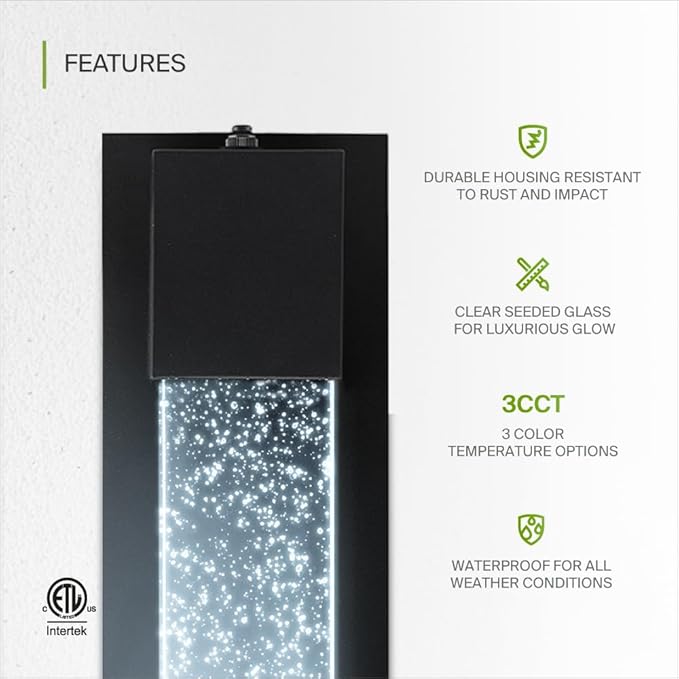 ASD LED 18 Inch Bubble Glass Wall Light Fixture | 12W 500LM 3000K-5000K 120V | 3CCT, Waterproof, Photocell, ETL Listed | Exterior Dusk to Dawn Flush Mount Sconce, Outdoor Lighting | Black