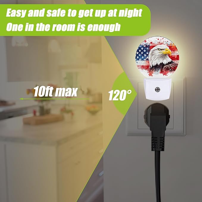 American Flag Eagle Night Light,Watercolor USA Flag Plug-in Night Lights with Dusk-to-Dawn Sensor for Bedroom Bathroom and Living Room Sleep Friendly lamp