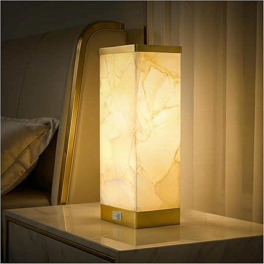 Scenekoy Alabaster Table Lamp for Bedroom Living Room, 3-Way Dimmable Bulb with Memory Function, Modern Bedside Lamps with USB A+C Ports for Nightstand Office Living Room Bedroom(Bulb Included)