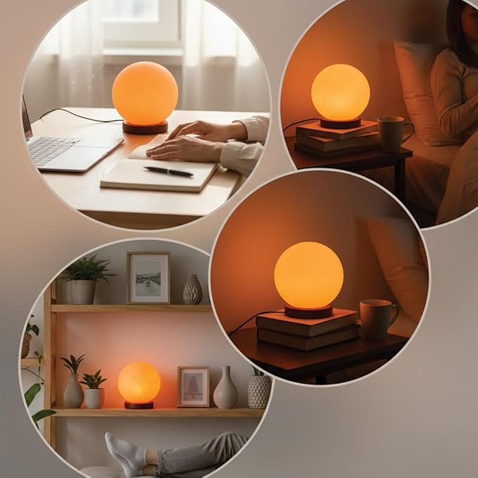 Himalayan Salt Lamp Globe – 5-Inch Hand-Carved Crystal Rock Sphere Moon with Wooden Base & UL-Listed Dimmer Cord – Warm Ambient Light for Bedroom, Office, Home Décor, Gift Ready