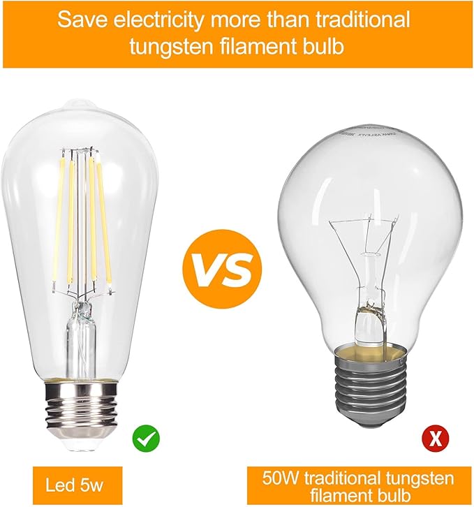 truestory Dimmable Vintage LED Edison Bulbs, 5W, Equivalent 50W, 450lm, Warm White 2700K, ST19(ST58) LED Filament Bulbs, E26 Medium Base, Clear Glass, Pack of 6 (Warm Light)