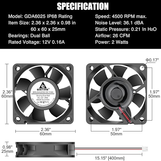 GDSTIME 60mm x 25mm 12V DC IP68 Waterproof Fan Dual Ball Bearings Brushless Small Computer Cooling Fan 2-Pin for RV Fridge Solar Battery Box Outdoor Cabinet Ventilation, 2 Pack
