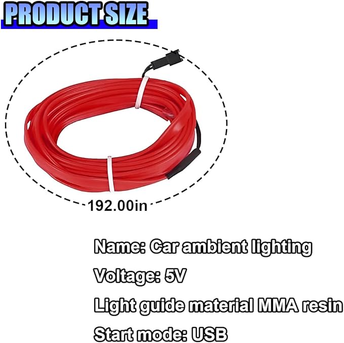 EL Wire Car Interior LED Strip Lights, 5V 16FT Neon Light Strip with Sewing Edge, USB Electroluminescent Car Interior Lights with Fuse Protection, Vehicle Ambient Lighting Decorations (Red)