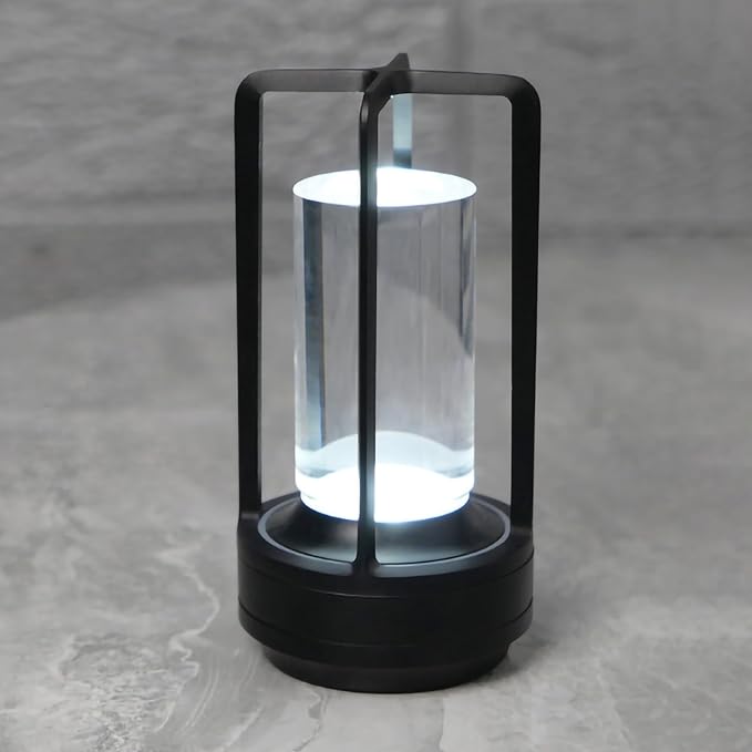 Cordless Table lamp Rechargeable Portable Metal Touch Small Desk Lamp,Indoor/Outdoor Battery Operated LED Night Light,3Color Stepless Dimming Crystal Lantern Suitable bedrooms,Bars,cafes,Camping,Black