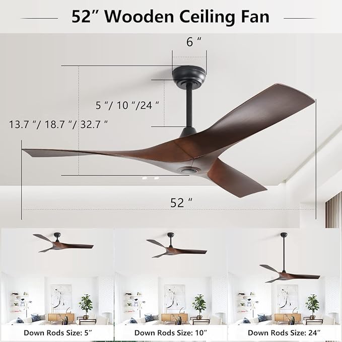 52" Ceiling Fan No Lights with Remote Control,Reversible DC Motor, 3 Walnut Wood blade Ceiling Fans without Lights for Patios Living Room,Matte Black