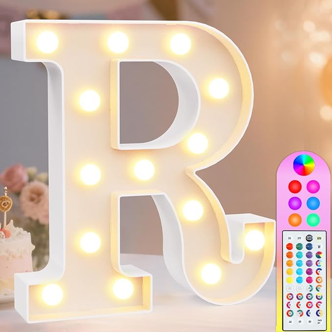 Pooqla Colorful Light Up Letters with Remote, Upgraded 35 Colors LED Marquee Letters, RGB Lighted Letter for Girls Teenager Gift, Birthday, Party, Wedding, Night Light, Room, Bedroom Decor, Letter R